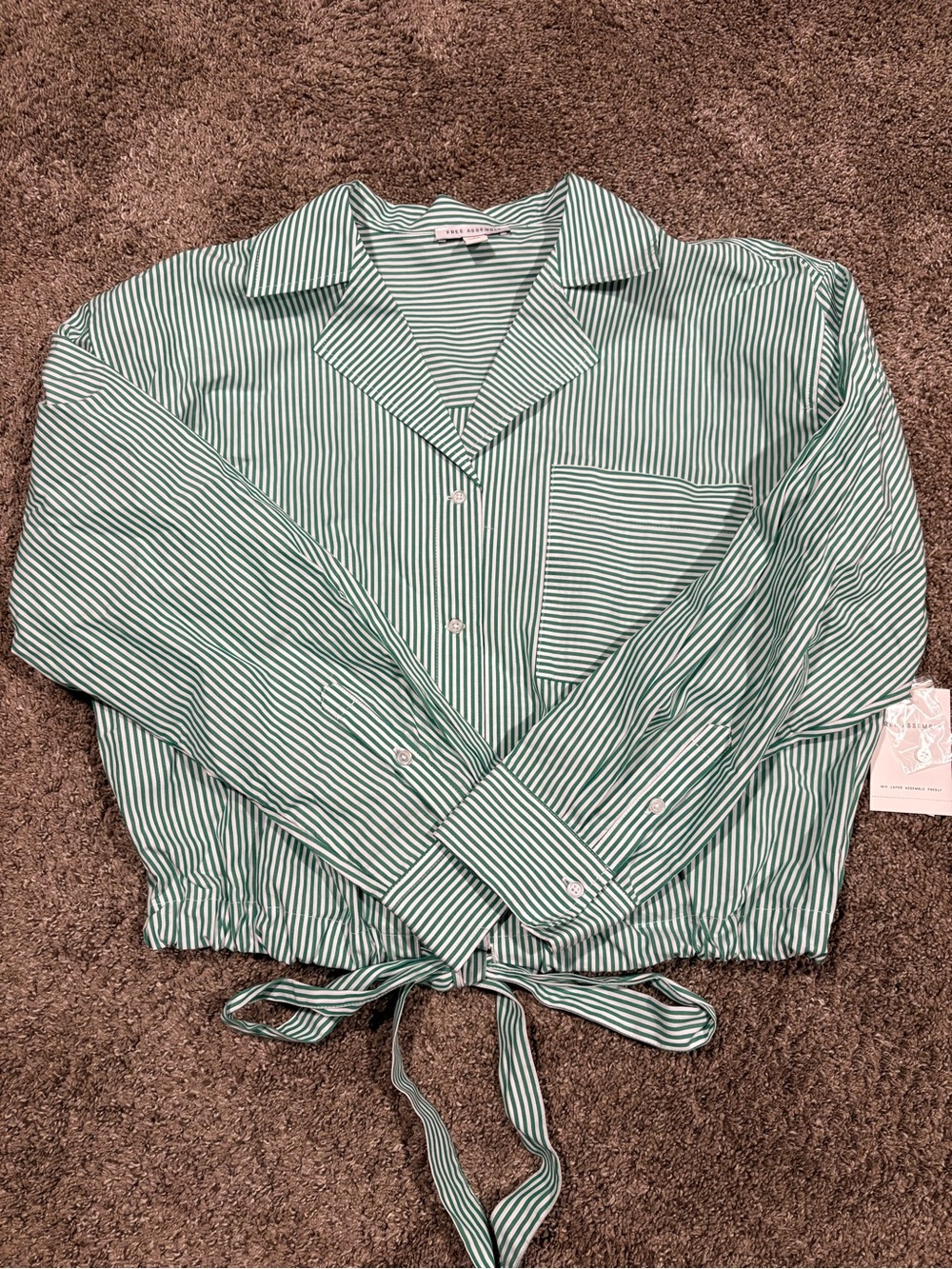 Striped Tie-Hem Button-Up Top - Green size L